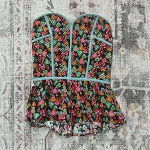American Rag Cie - Multi-coloured heart print corset like top with blue trim
